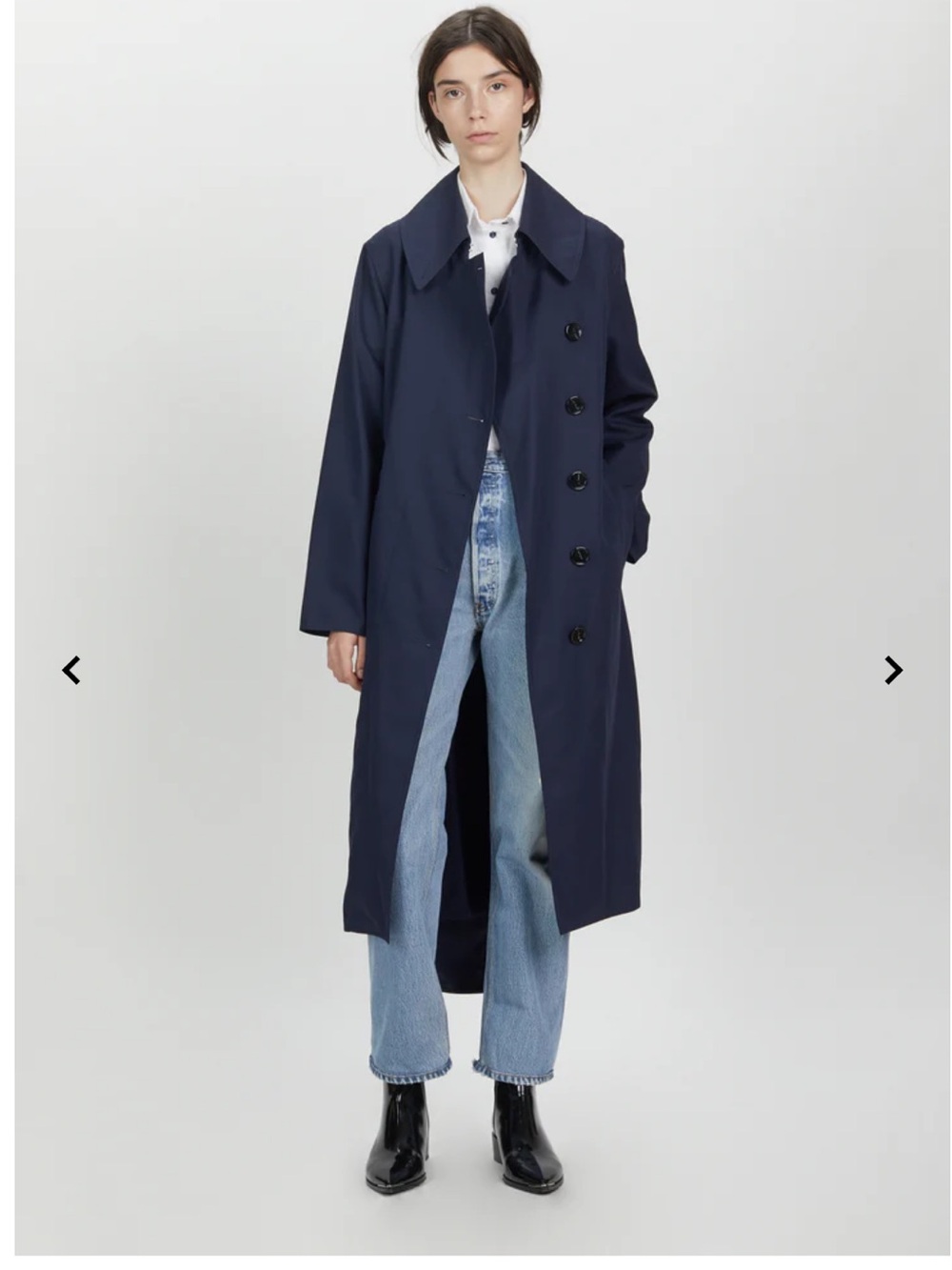 acne studios creda navy belted long trench coat